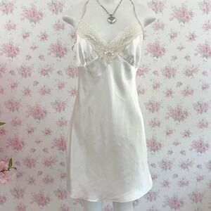 Linea Donatella White Satin Slip Dress with Lace Trim